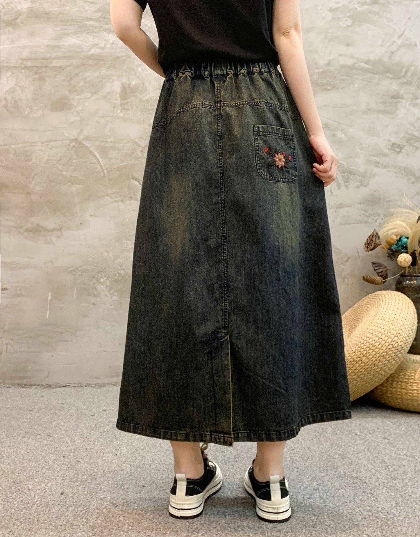 Spring Chinese Style Small Flower Embroidery High-waisted Skirt