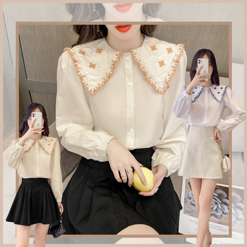 Contrasting Color Doll Collar Shirt Women Autumn And Winter