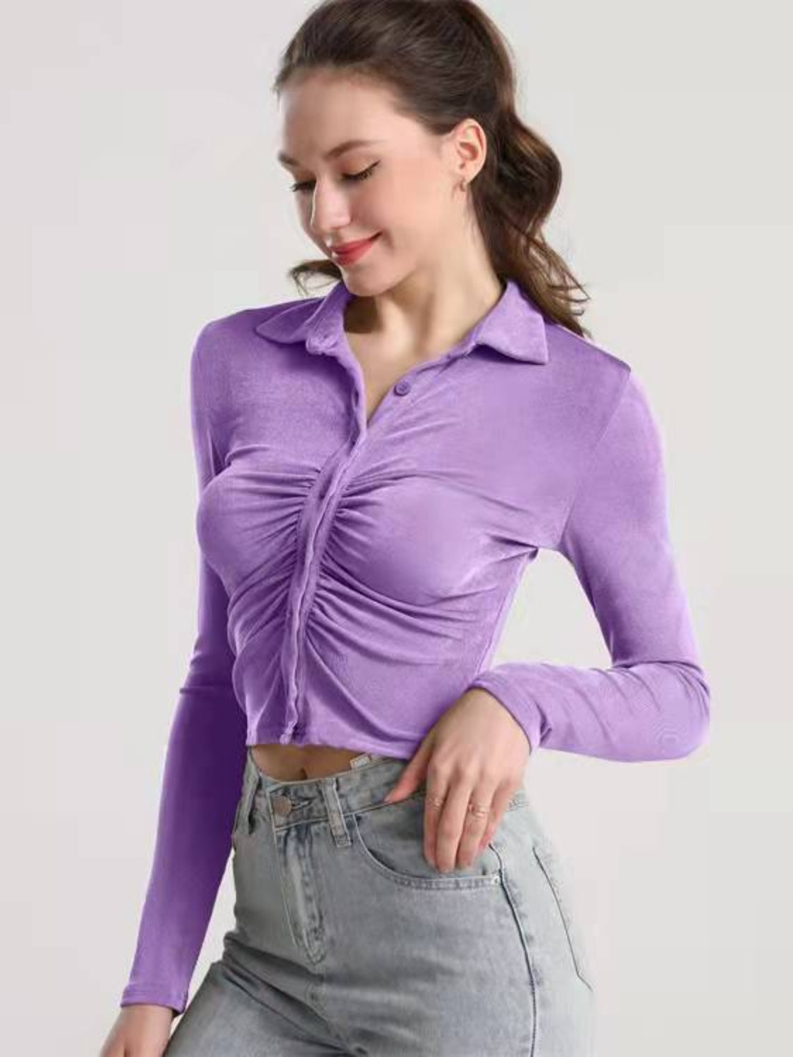 Ruched Button Up Long Sleeve T-Shirt