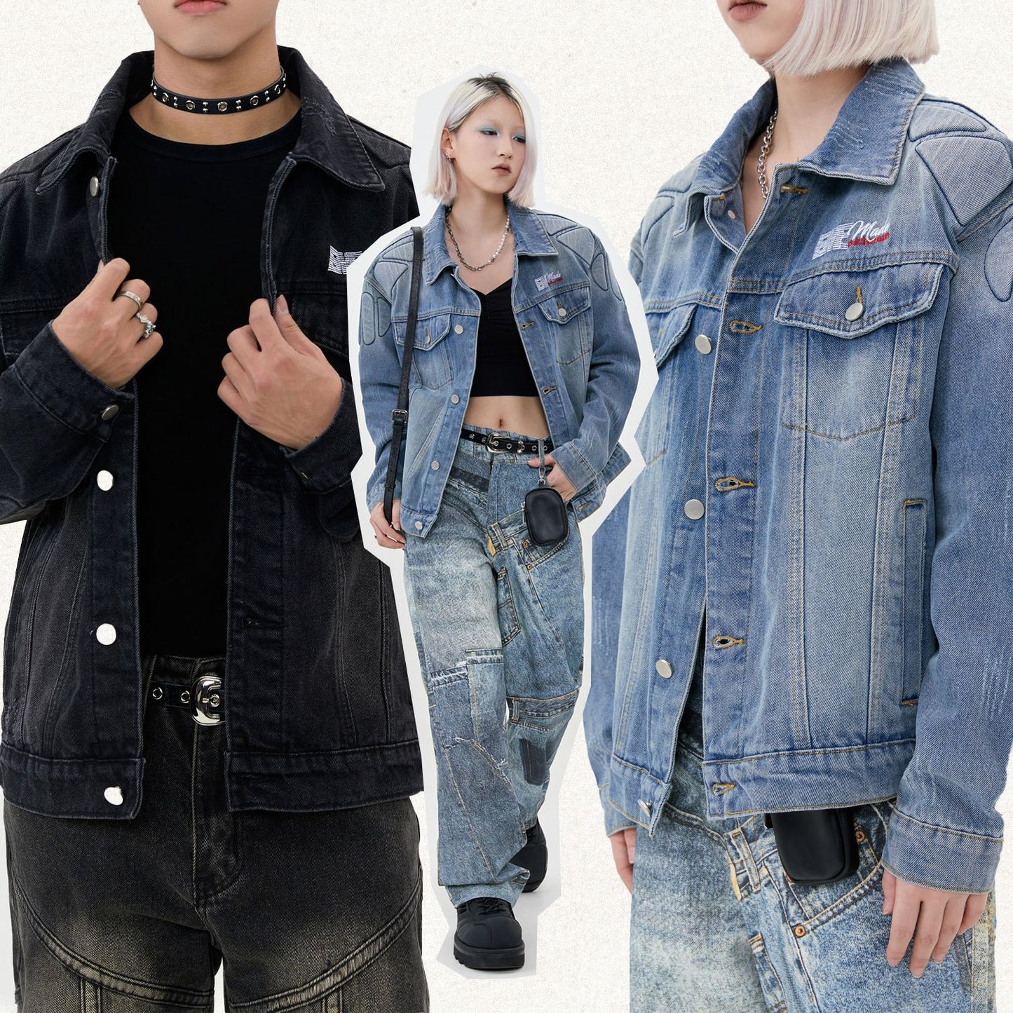 High Street Stickerei gewaschen und getragen Rüstung Nähte Denim Jacke Mantel