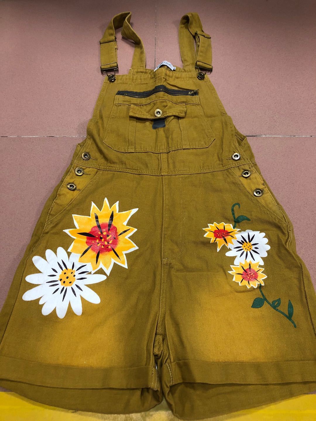 Women's Suspender Printed Washed Zip Embellished Bib Shorts