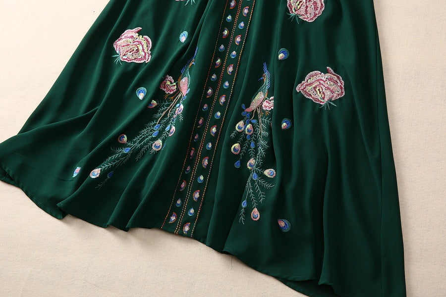 Embroidered Flower Sequined Bell Sleeve V-neck Dress