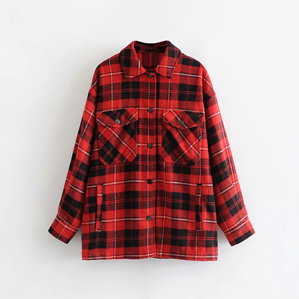 Casual Plaid Shirt Frauen Tweed Mantel Knöpfe Taschen Weibliche Jacke