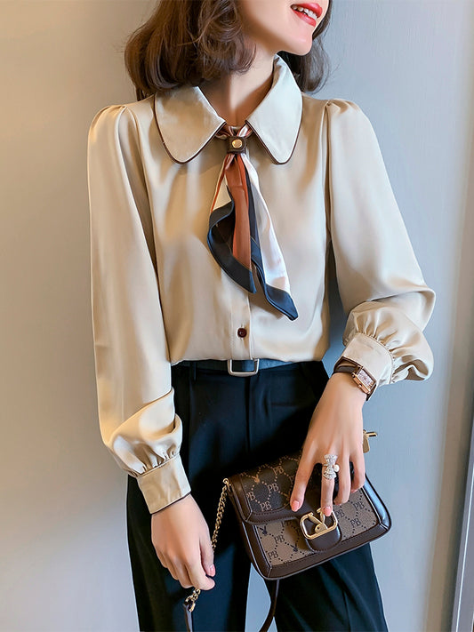 Doll Collar Silk Scarf Bow Tie Long Sleeve Shirt