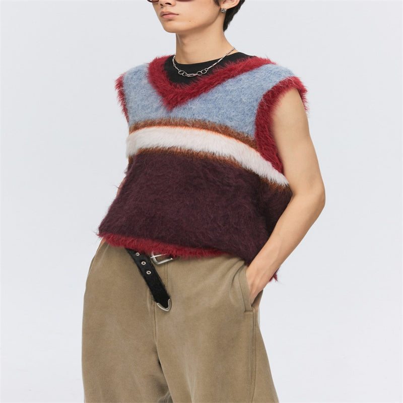 Suéter tipo chaleco con cuello en V de punto a rayas de color en contraste de lana de terciopelo largo mezclado con lana
