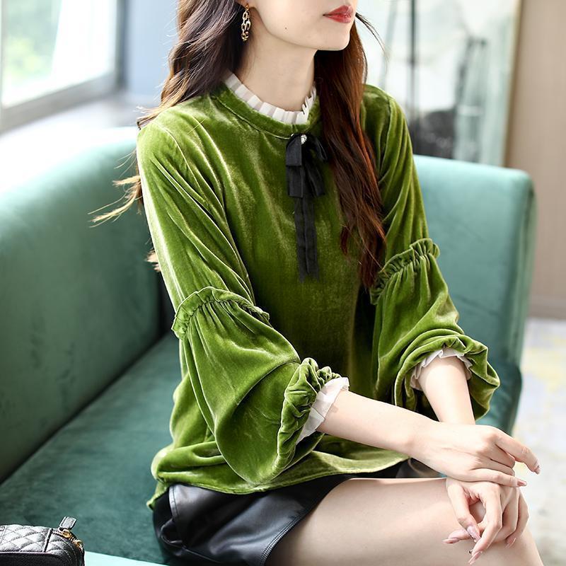 Fungus Long Sleeve Pleuche Top Female Loose Lace-up