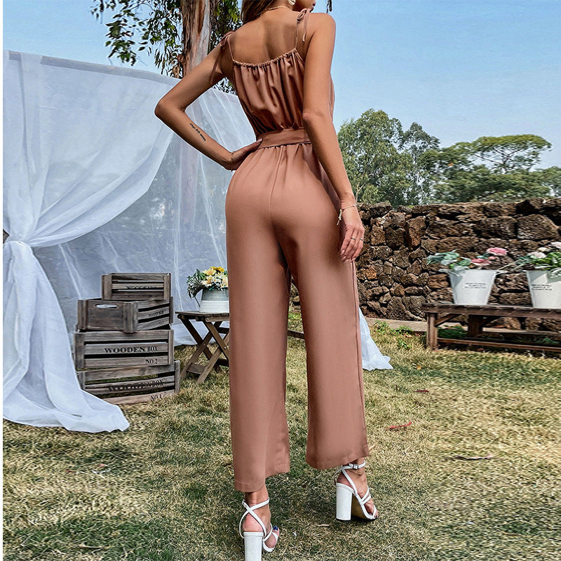 Summer New Hollow Belt Suspenders Wide Leg Jumpsuit