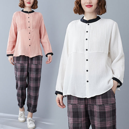 Temperament Stand-up Collar Long-sleeved All-match Shirt Plus Size Women's Clothing