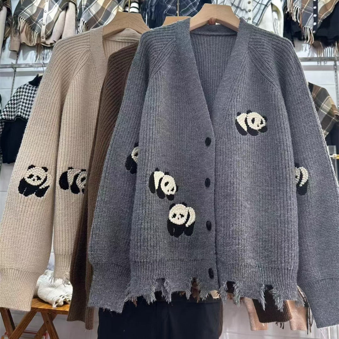 Heavy Industry Panda bestickter Cardigan-Pullover, lockerer und fauler Stil