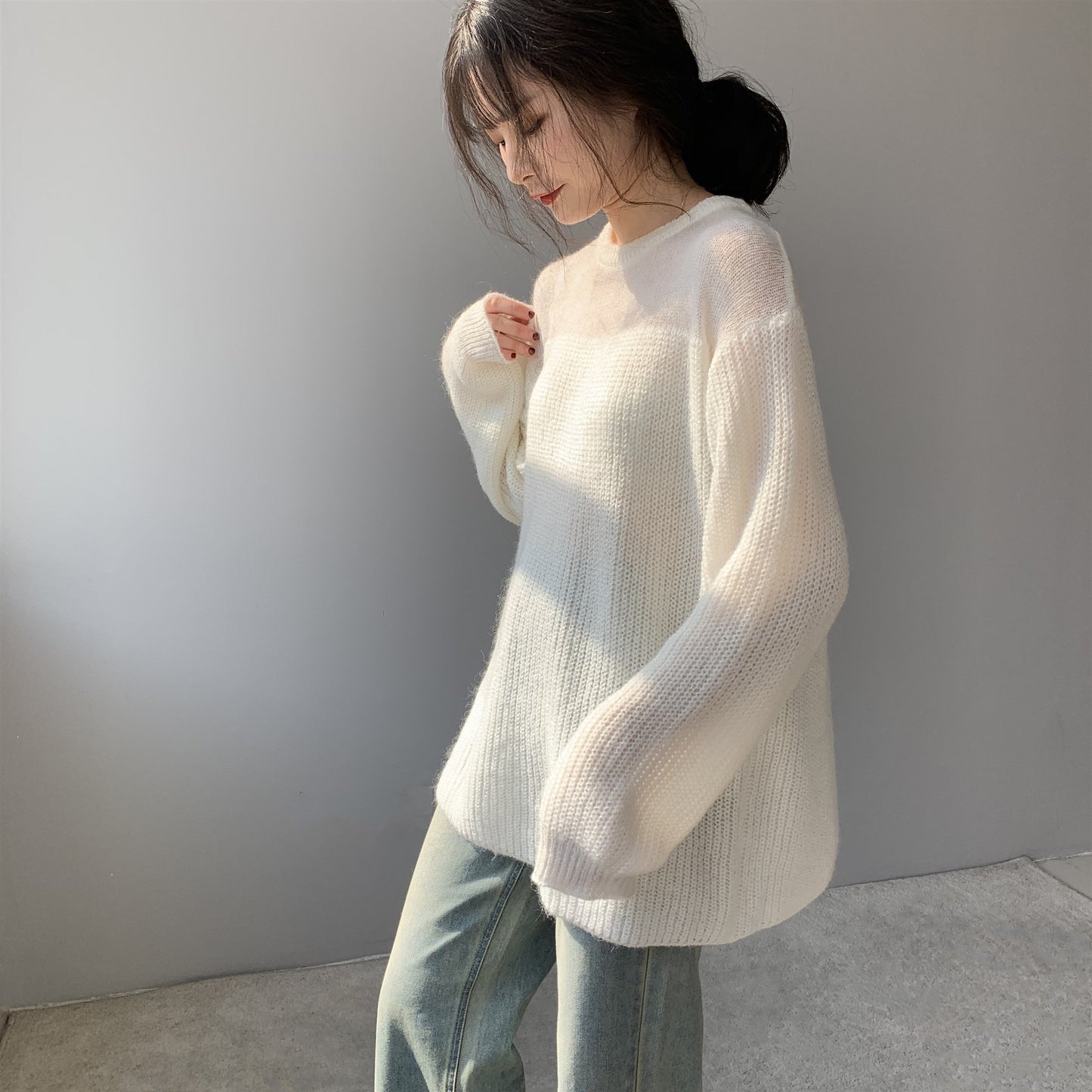 Suéter suelto de manga larga con cuello redondo para mujer
