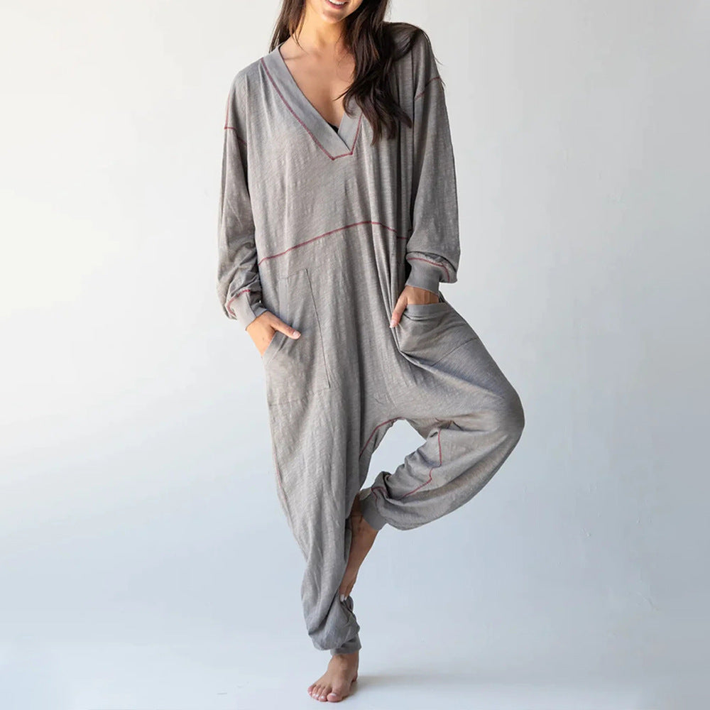 European And American Solid Color Fashion V-neck Long Sleeve Casual Loose Jumpsuit