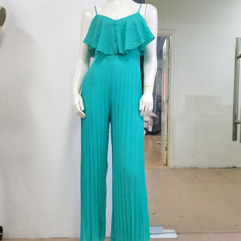 Europäische und amerikanische Damenbekleidung, modischer Jumpsuit mit Hosenträgern, Plissee, weitem Bein und Rüschen