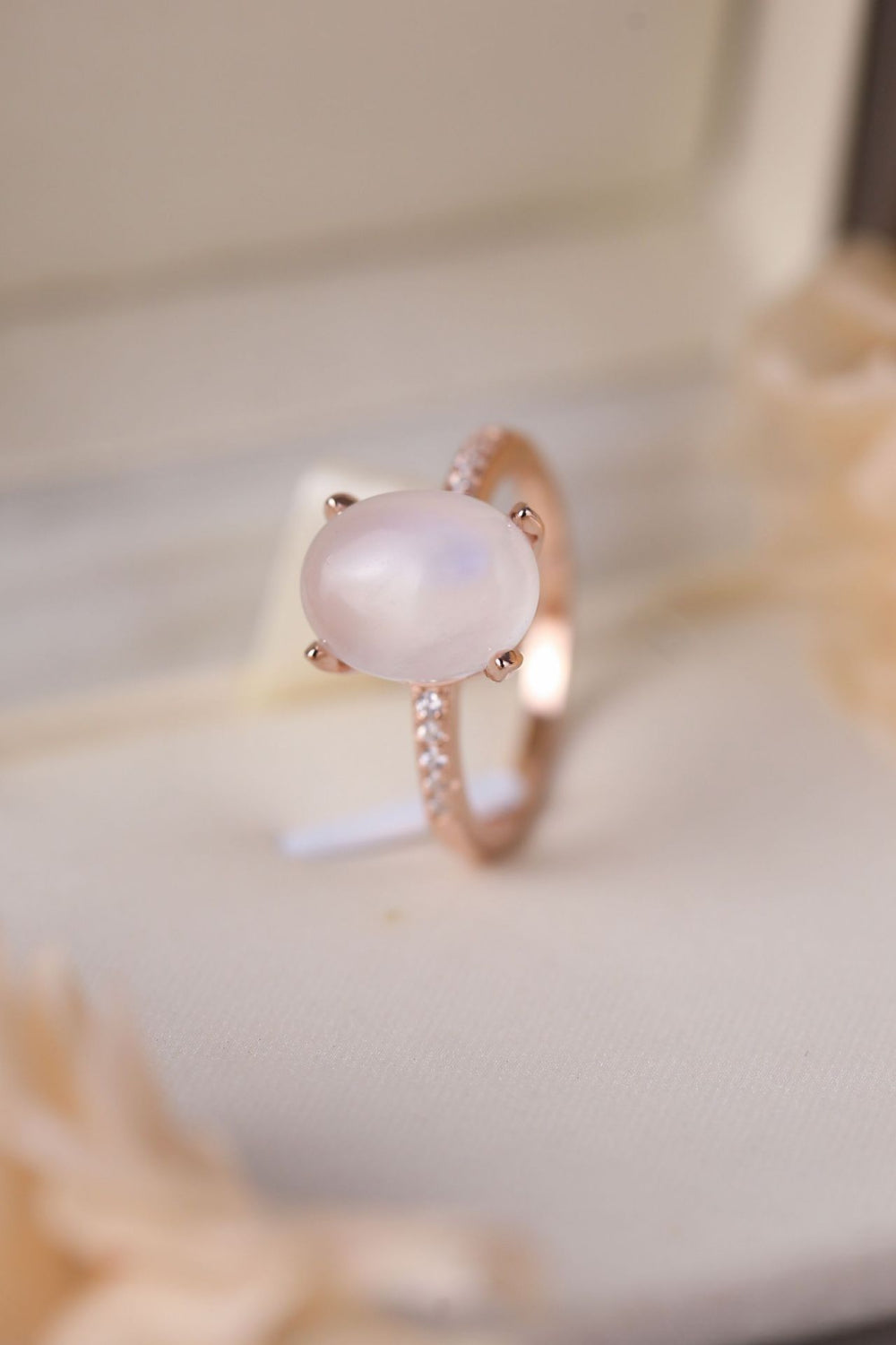 Natural Moonstone and Zircon Three-Piece Ring Set