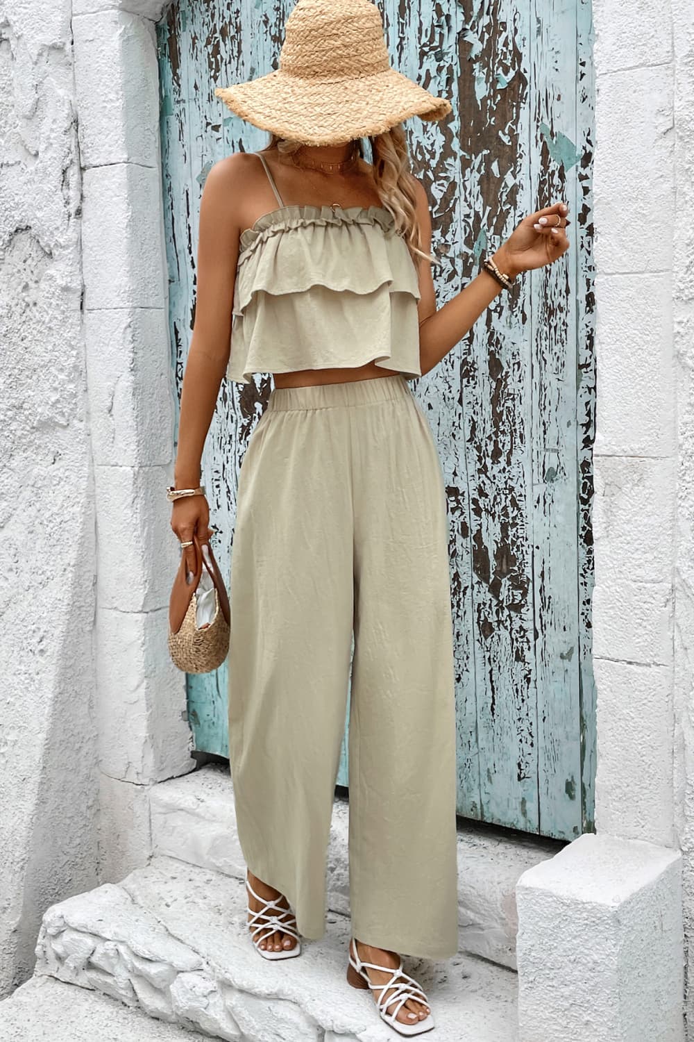 Frill Trim Cami and Wide Leg Pants Set