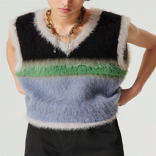 Suéter tipo chaleco con cuello en V de punto a rayas de color en contraste de lana de terciopelo largo mezclado con lana