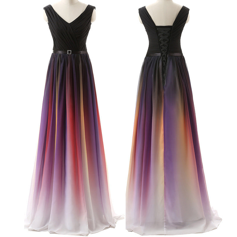 Buntes Abendkleid aus Chiffon mit zwei Schultern und Schnürung für Damen