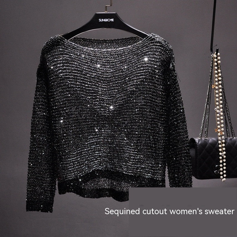 Hollow-out Sequin Loose Sweater Pullover Fil-Lumiere Underwear Blouse Long Sleeve Round