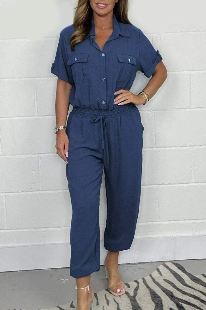 All-Match-Einfarbiger Casual Polokragen Shirt Weites Bein Jumpsuit Für Damen