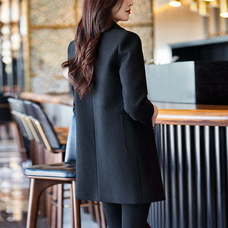 Abrigo cruzado negro para otoño e invierno, nueva chaqueta de traje para mujer