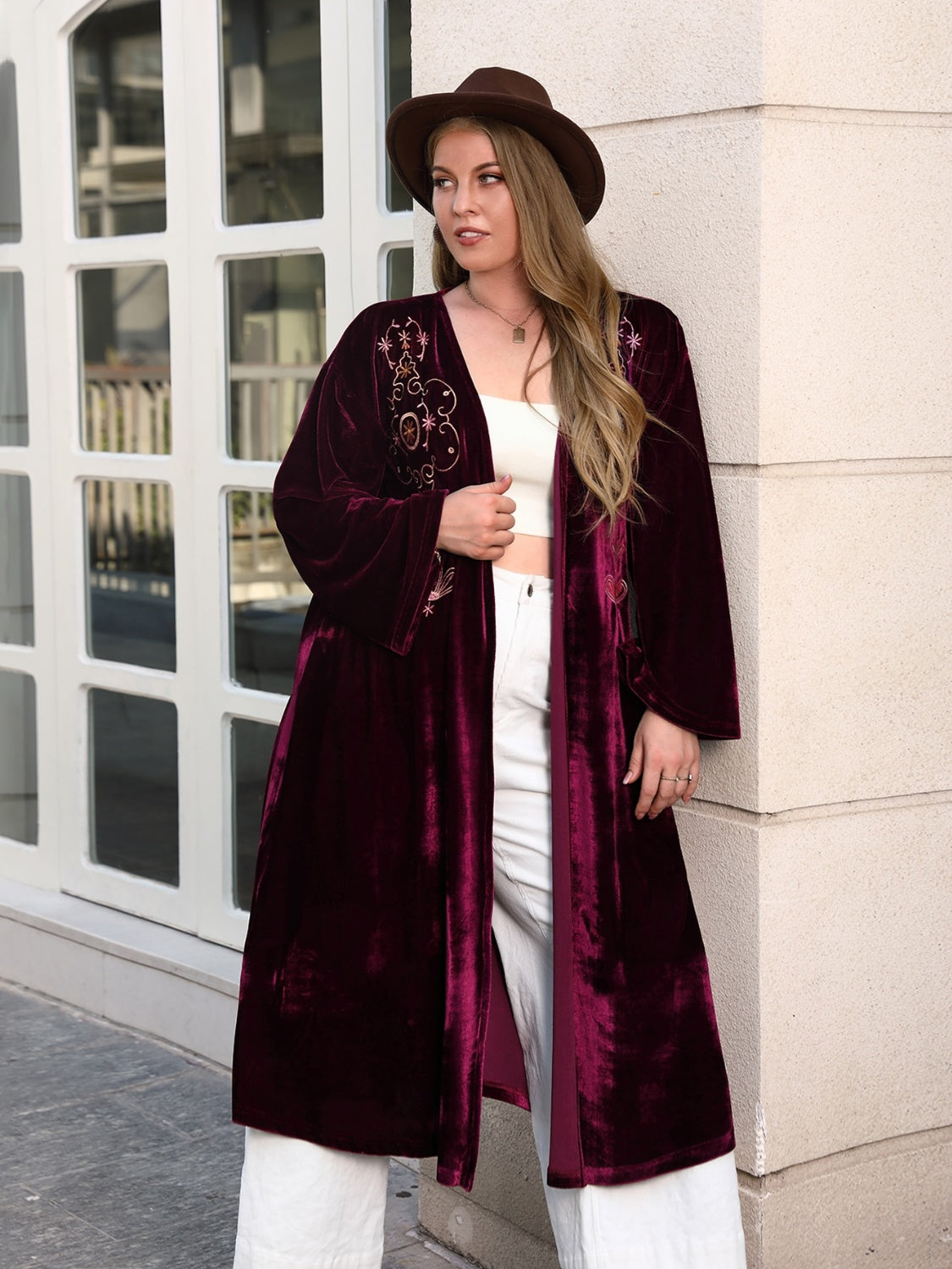 Plus Size Printed Open Front Long Sleeve Cardigan