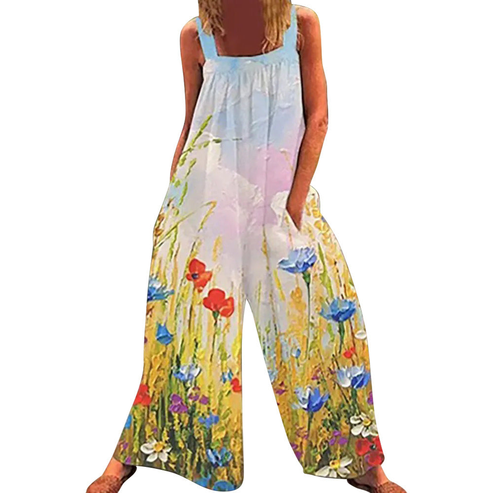 Women's Printed Sling Sleeveless Loose Casual Jumpsuit