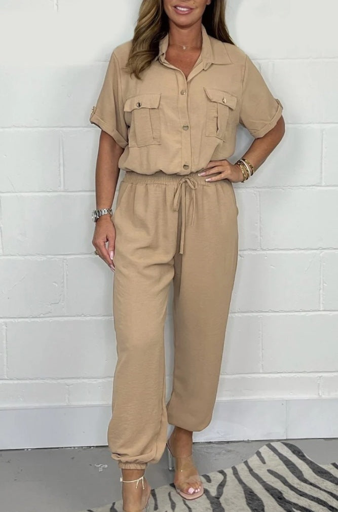 All-Match-Einfarbiger Casual Polokragen Shirt Weites Bein Jumpsuit Für Damen