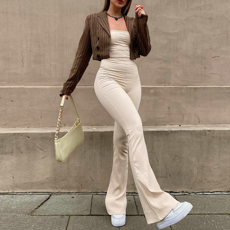 Fashion Casual Jumpsuit With Solid Color Sleeves And Back