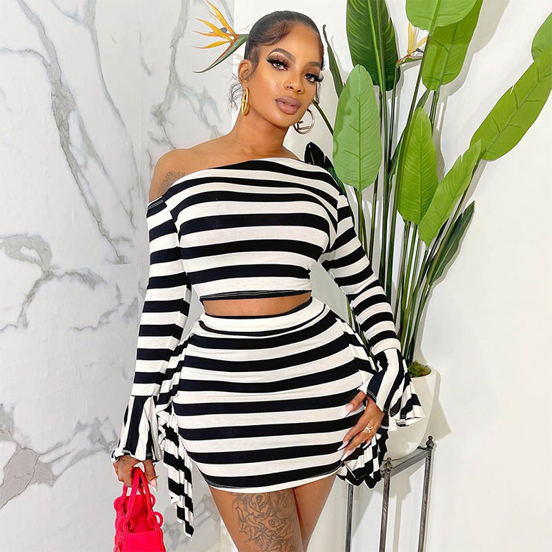 Casual Zebra Prints Cropped Horn Long Sleeve Top Skirt Suit