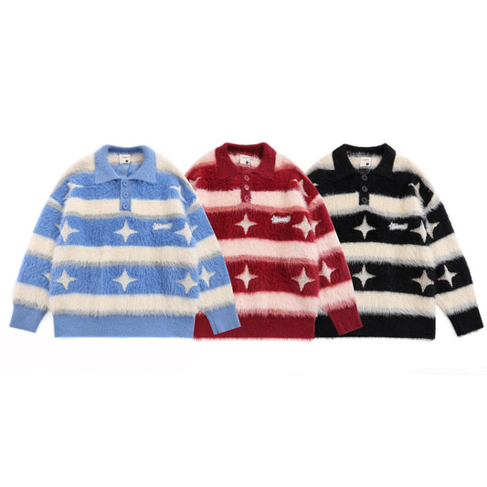 American-style Vintage Fleece-lined Striped XINGX Lapel Sweater