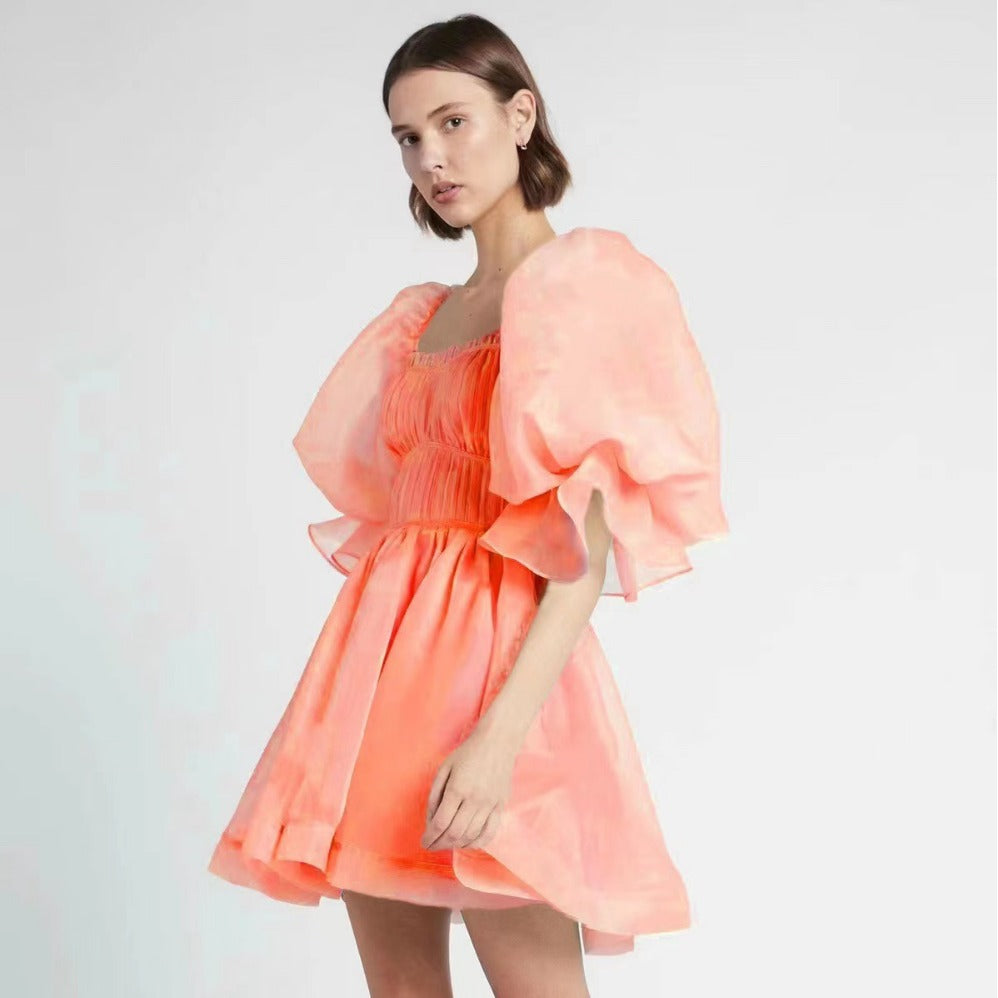 Square Collar Puff Sleeve High Waist Backless Short Dress