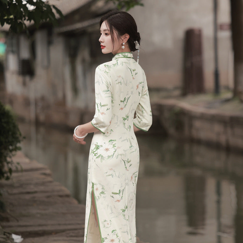 Cheongsam elegante de ante de alta calidad Suzhou, manga tres cuartos, estilo republicano chino Retro