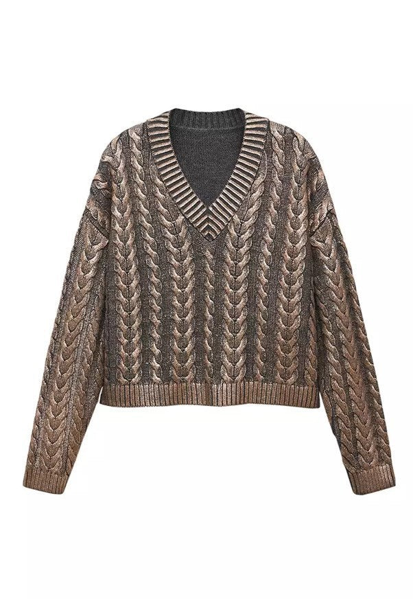 Modischer Pullover mit Metallrippenmuster und verdrehtem Muster