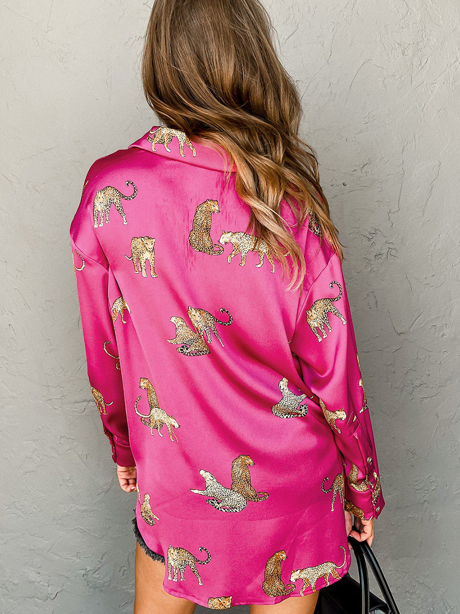 Herbst einfarbiger Satin-Langarm-Cardigan, dünnes, personalisiertes Animal-Print-Shirt für Frauen