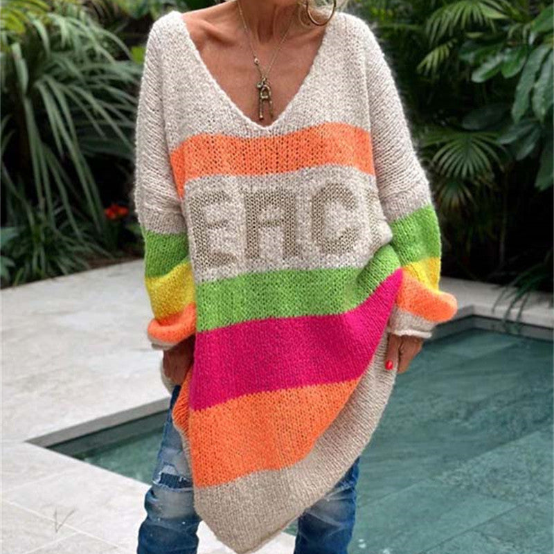 Damenmode, lässig, Regenbogen, gestreift, V-Ausschnitt, lockerer Strickpullover