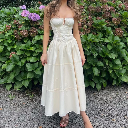 Damen Französisches Hosenträger-Langkleid mit Knopfleiste und Schnürung, Temperament, schmales Kleid, Sommer, Strandurlaub