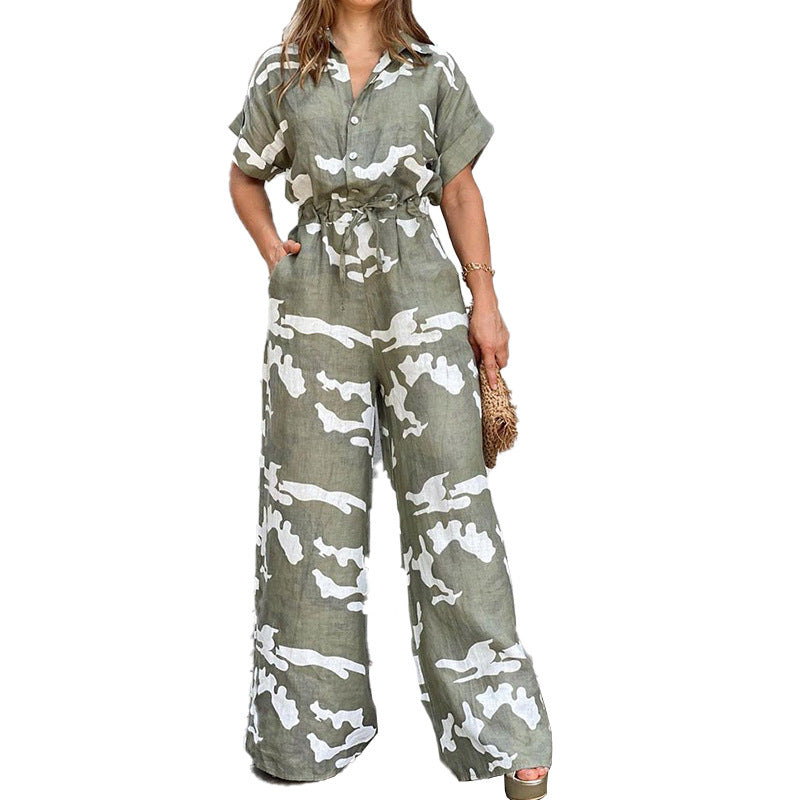 Fashion Polo Collar Printed Button Lace-up Jumpsuit