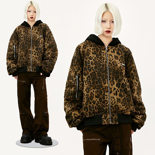 American Vintage Leopard Print Sets Winter Verdickte Kapuzenjacke