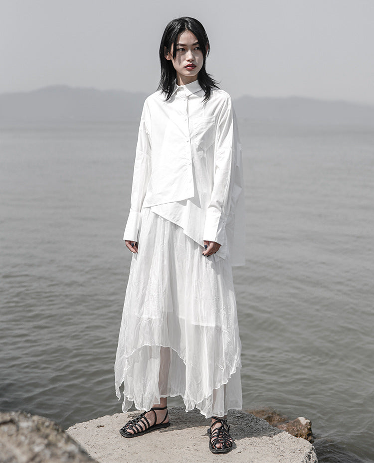 Dark Design White Shirt Asymmetric Niche Irregular Cotton Shirt