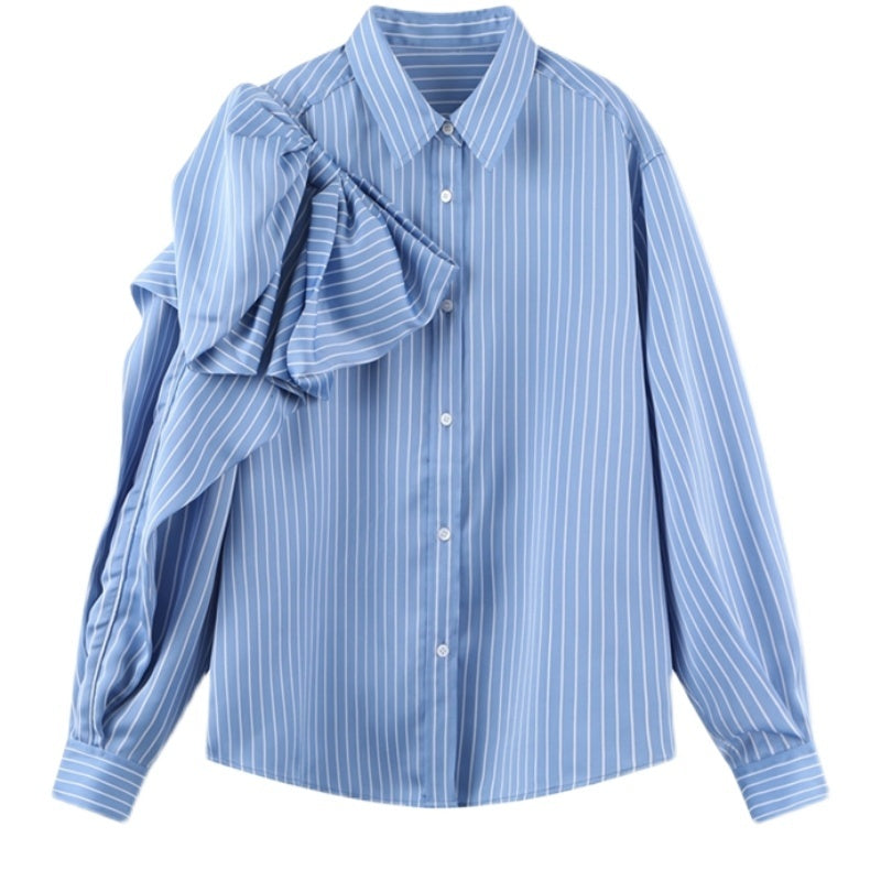 Casual Blau Gestreiften Shirts Für Frauen Revers Langarm Koreanische Bowknot Patchwork