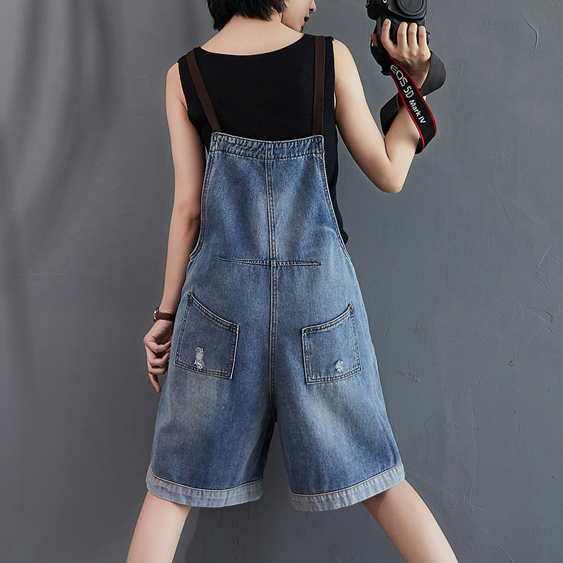 Women's Loose And Slim Wide Leg Denim Overalls Shorts