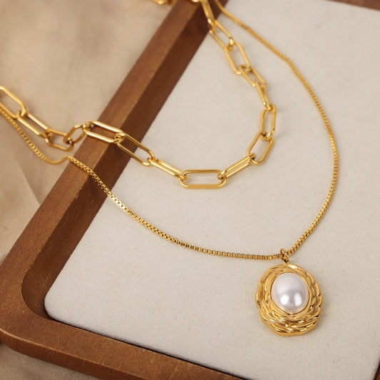 Halskette aus doppellagigem Titanstahl mit eingelegten Perlen