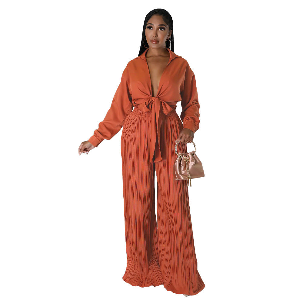 Cross Border Herbst Bestseller Damen Langarm V-Ausschnitt Schnürtop Plissee Bluse und Hose Großhandel