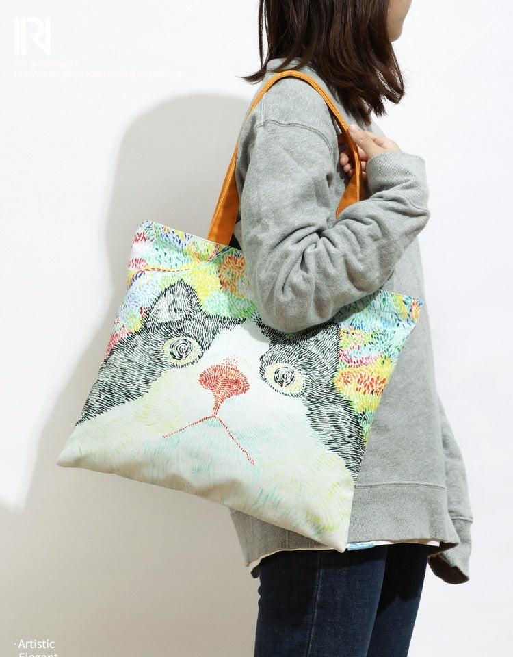 Cat Illustration Shoulder Bag Large Capacity Canvas Bag