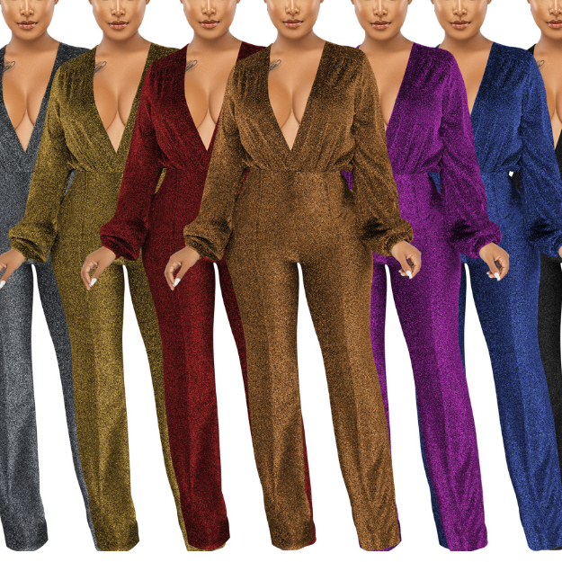 Damen-Overall aus einfarbigem Samt mit langen Ärmeln und V-Ausschnitt