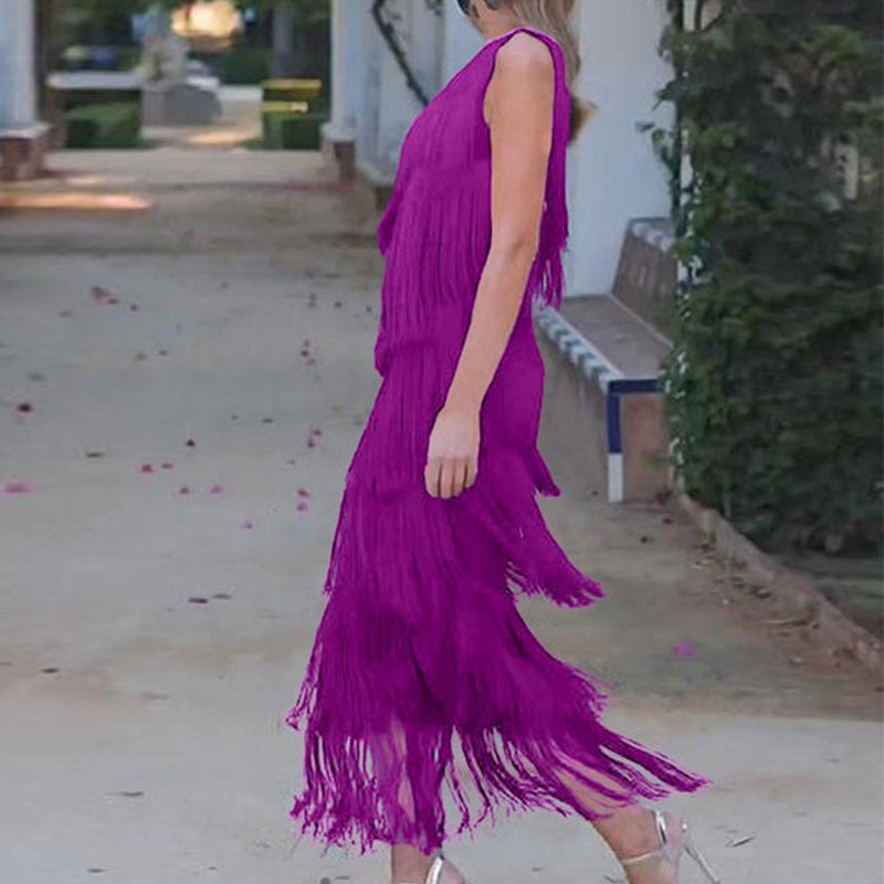 Einfarbiges Kleid mit diagonalem Kragen und mehrlagigem Quasten-Stitching-Design für Damen