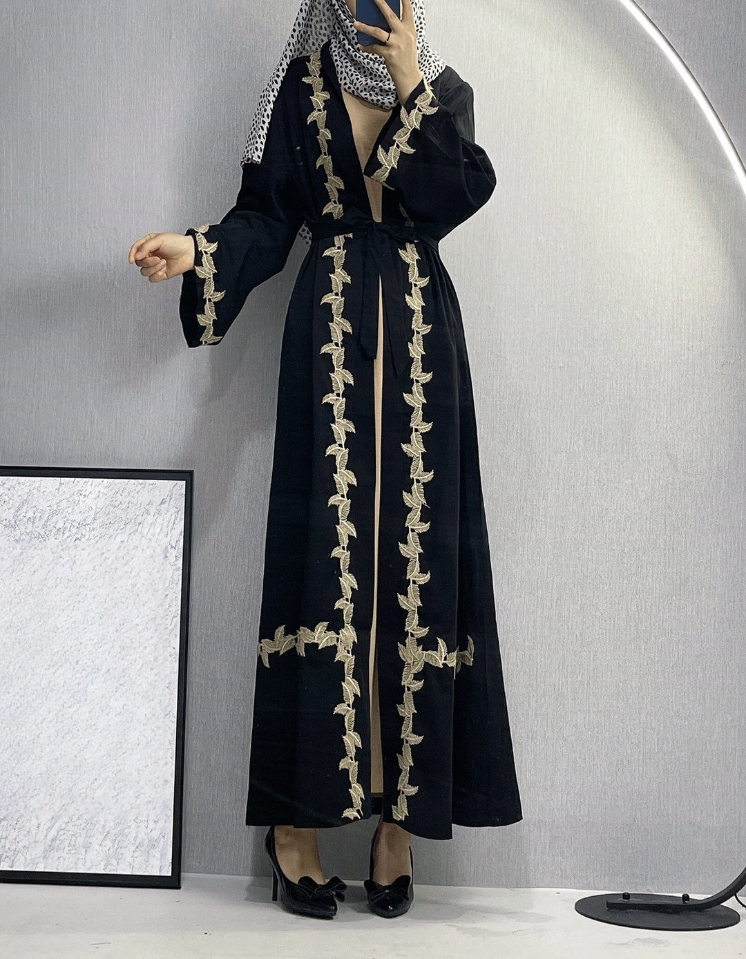 Langes Kleid für Damen, Dubai, bestickte Spitze, Cardigan-Robe