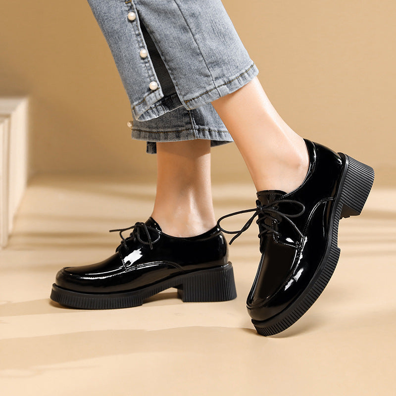 Women's Fashion Casual Leather Patent Leather Lace-up Leather Shoes