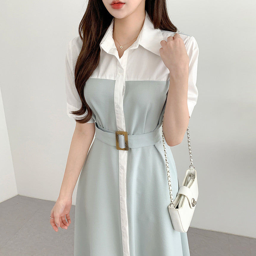 Contrast Color Waist-controlled Lace-up Dress Women