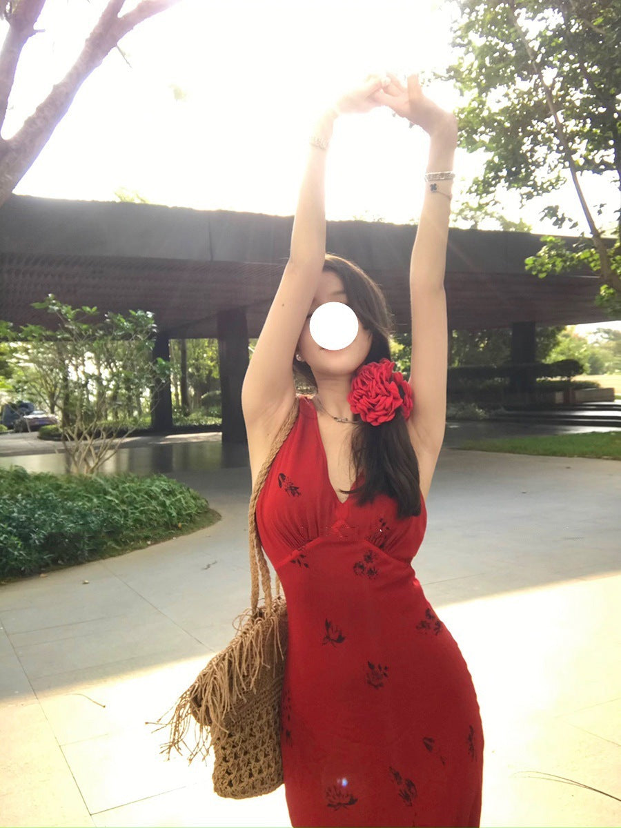 Women's Summer Waist Red V-neck Sling Dress