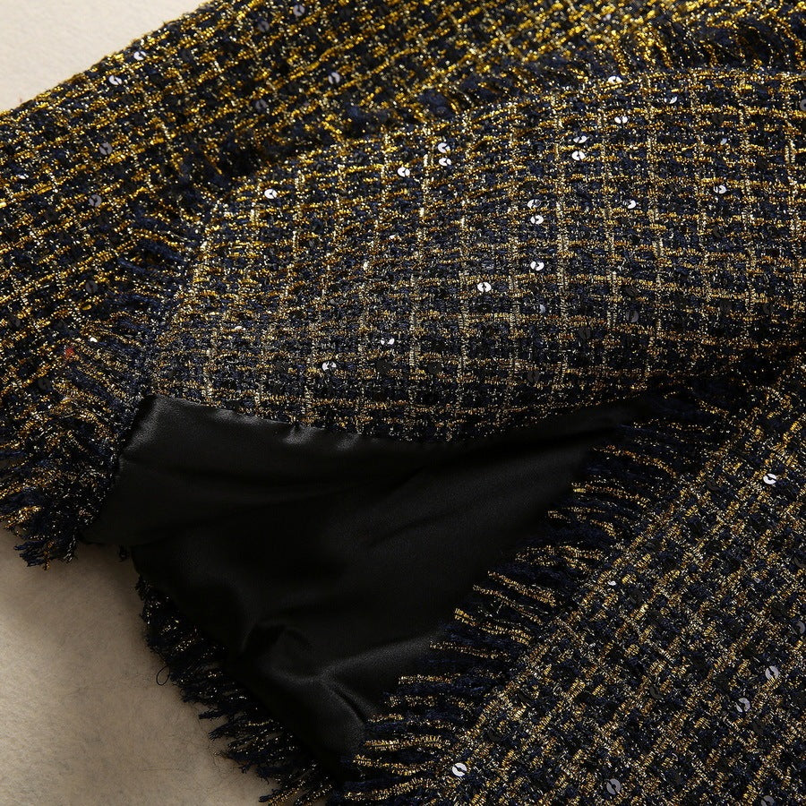 Abrigo de tweed con hebilla de cabeza de tigre y manga larga con cuello de traje y borlas